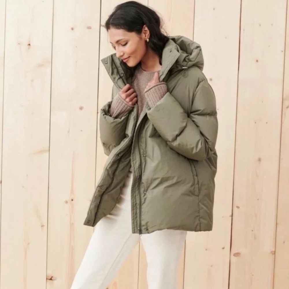 Jenni Kayne Olive Green Puffer Coat Jacket Down Filled Quilted Mid Length: XS